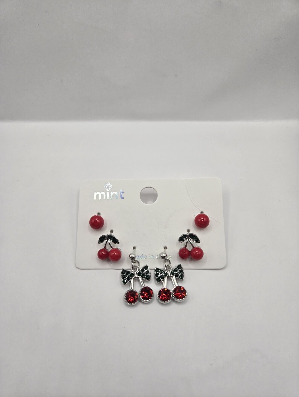 Mint Cherry Earrings 3 Pair Set Red Rhinestone Stud & Dangle Earrings